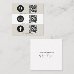 Modern Triple Icon & QR Code Social Media Beige Square Business Card