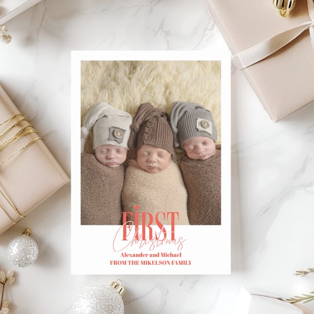 Modern Triplets First Christmas Custom Photo Holiday Card (Creator Uploaded)