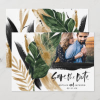 Modern tropical abstract  black gold save the date