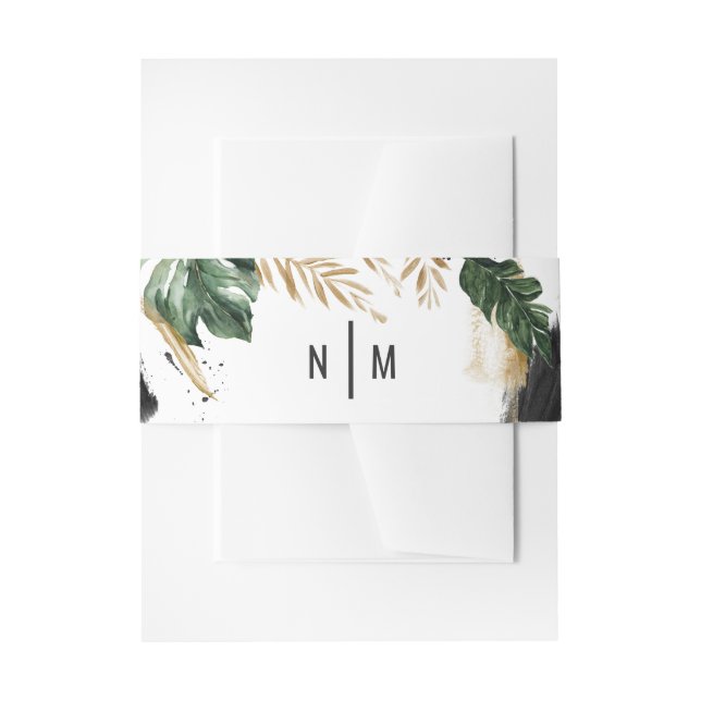 Modern tropical abstract painted wedding invitation belly band (Front Example)