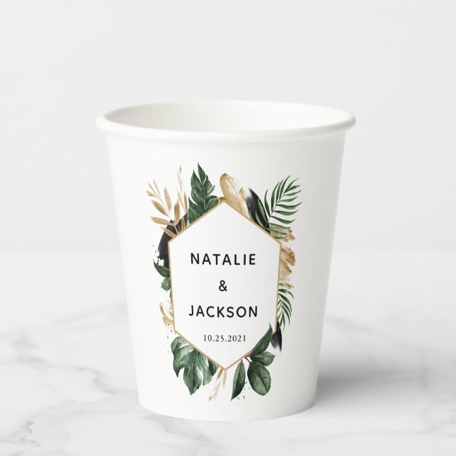 Modern tropical abstract painted wedding paper cups (Front)