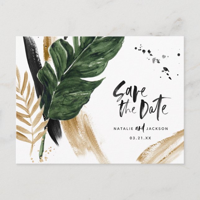 Modern tropical abstract painted wedding save the announcement postcard (Front)