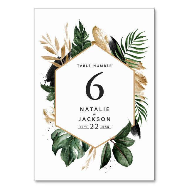 Modern tropical abstract wedding table numbers (Front)