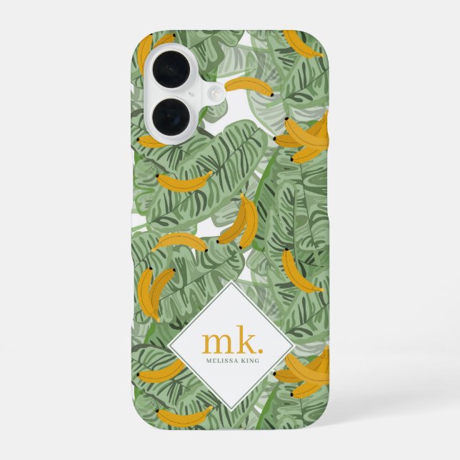 Modern Tropical Banana Greenery Pattern Monogram iPhone 16 Case (Back)