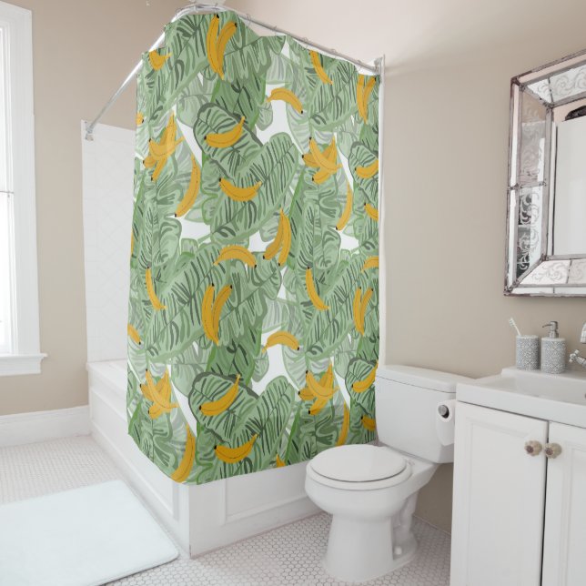 Modern Tropical Banana Greenery Pattern Shower Curtain (In Situ)