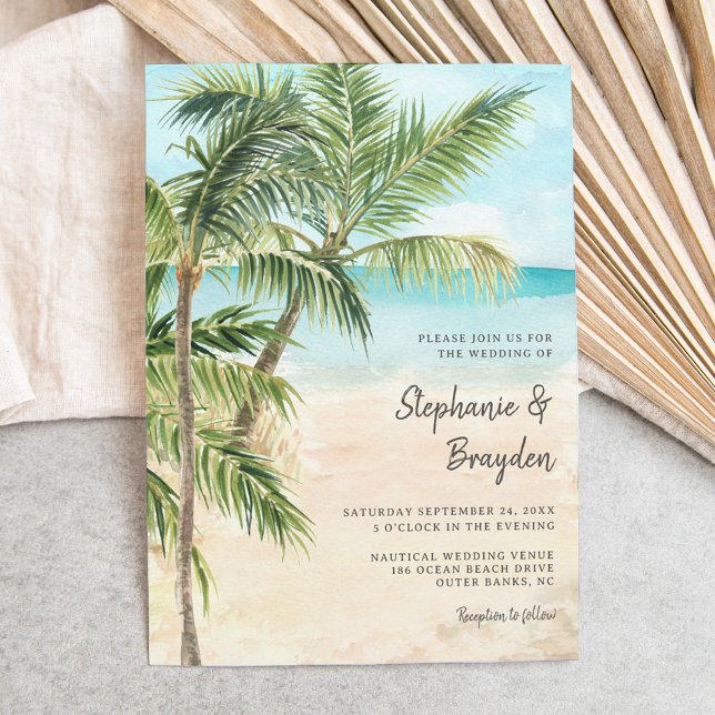 Modern Tropical Beach Palm Tree Wedding Invitation (Creator Uploaded)
