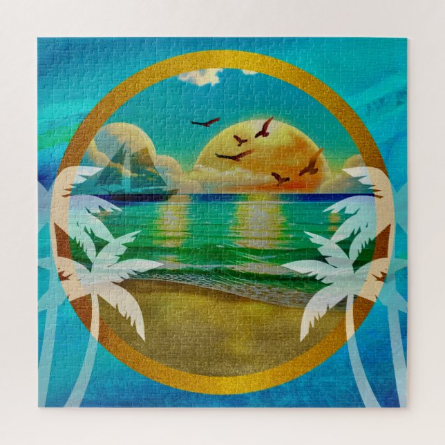 Modern Tropical Beach Palm Trees Sunset Vacation Jigsaw Puzzle (Vertical)