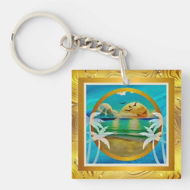 Modern Tropical Beach Palm Trees Sunset Vacation Key Ring (Front)