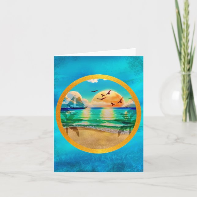 Modern Tropical Beach Palm Trees Sunset Vacation Note Card (Front)