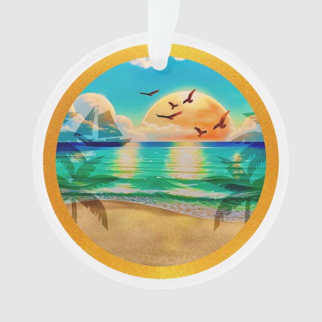 Modern Tropical Beach Palm Trees Sunset Vacation Ornament (Front)