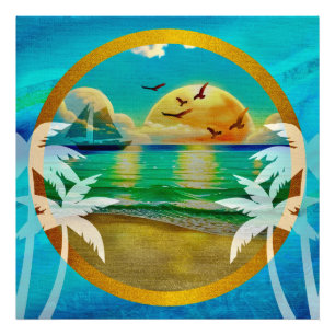 Modern Tropical Beach Palm Trees Sunset Vacation Photo Print
