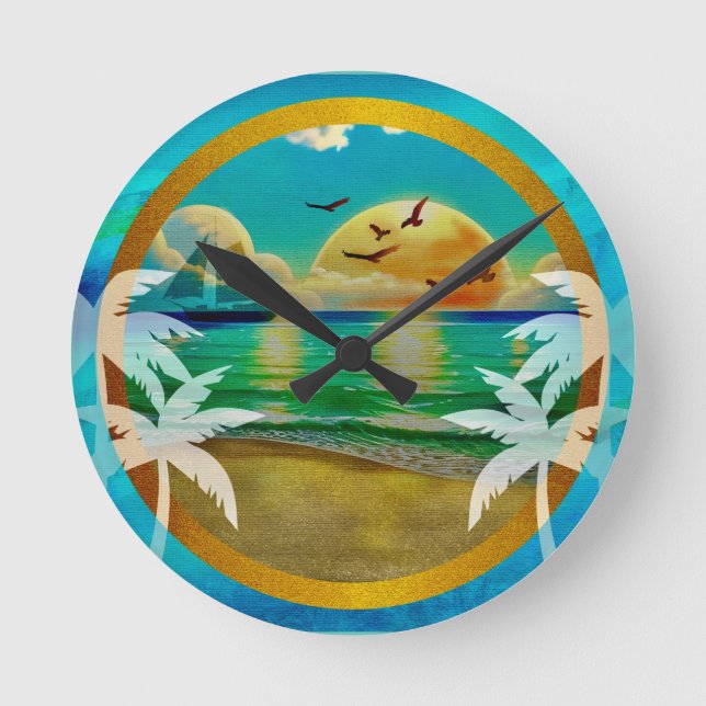 Modern Tropical Beach Palm Trees Sunset Vacation Round Clock (Front)