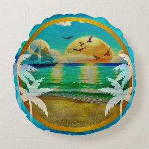 Modern Tropical Beach Palm Trees Sunset Vacation Round Cushion