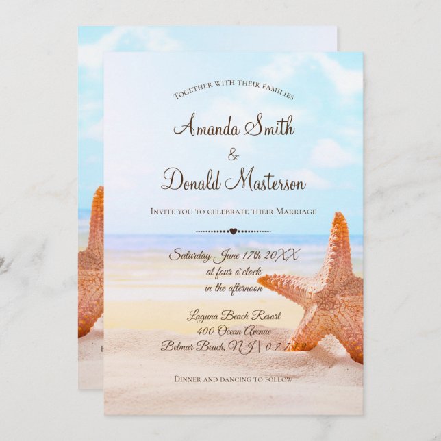Modern Tropical Beach Starfish Wedding Invitation (Front/Back)