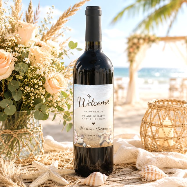 Modern Tropical Beach Starfish Wedding Party Wine Label (Creator Uploaded)