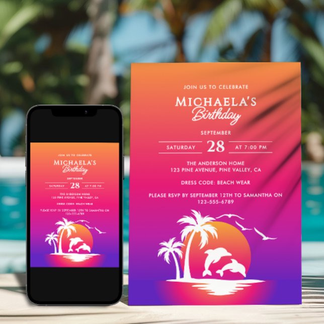 Modern Tropical Beach Sunset Birthday Party Invitation (Creator Uploaded)