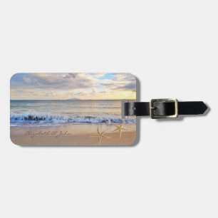 Modern Tropical Beach, Sunset, Starfish Luggage Tag