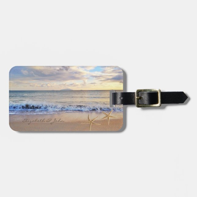 Modern Tropical Beach, Sunset, Starfish Luggage Tag (Front Horizontal)