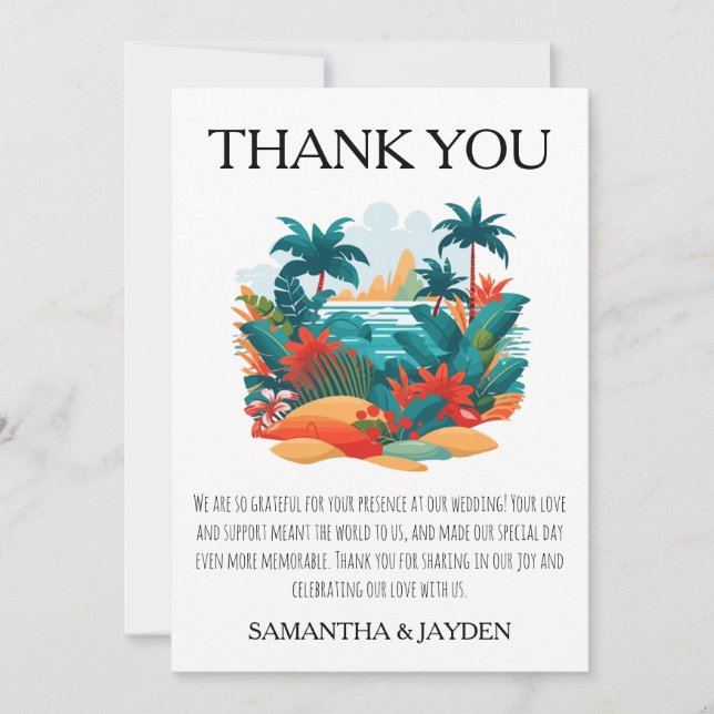 modern tropical beach wedding thank you cards (Front)