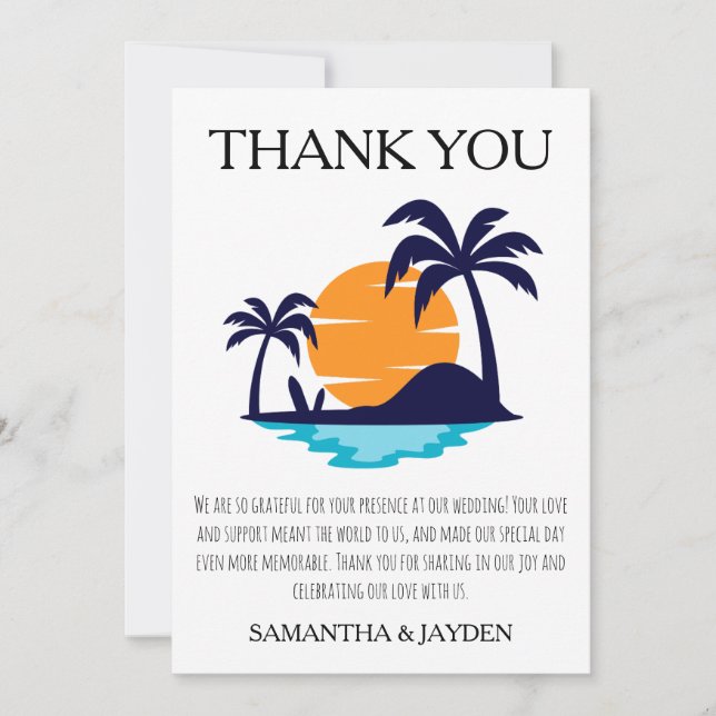 modern tropical beach wedding thank you cards (Front)