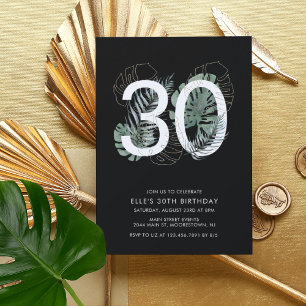 Modern Tropical Black 30th Birthday Invitation