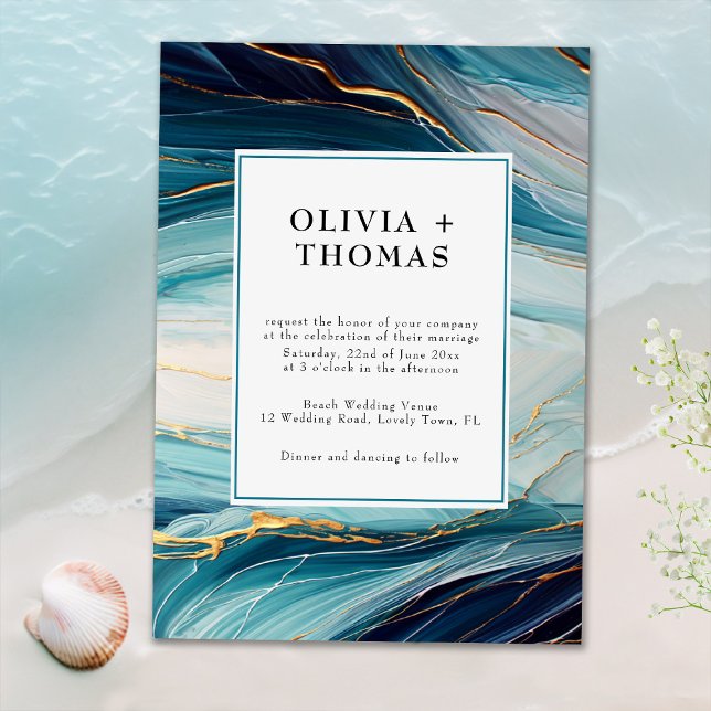 Modern Tropical Bliss Gold Ink Ocean Wave Wedding Invitation (Creator Uploaded)