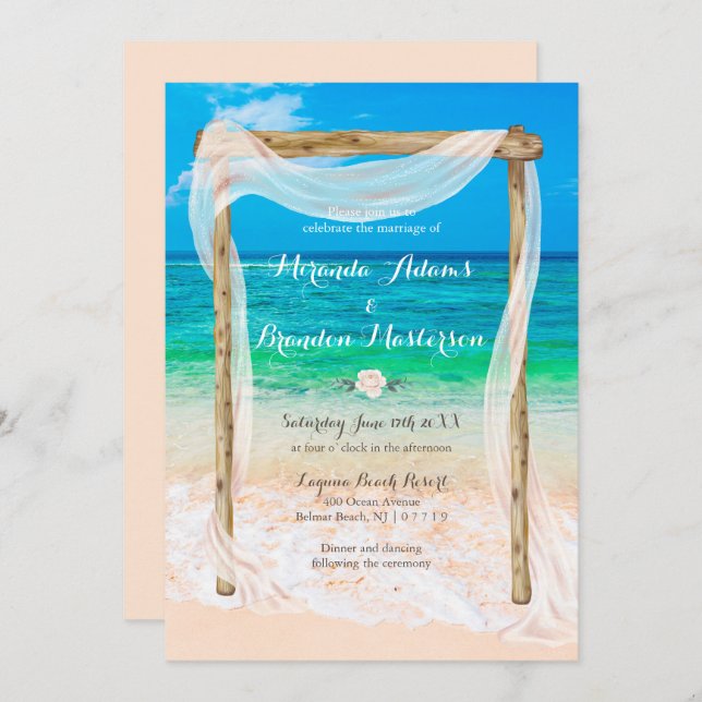 Modern Tropical Blue Beach Arbor Boho Wedding Invitation (Front/Back)