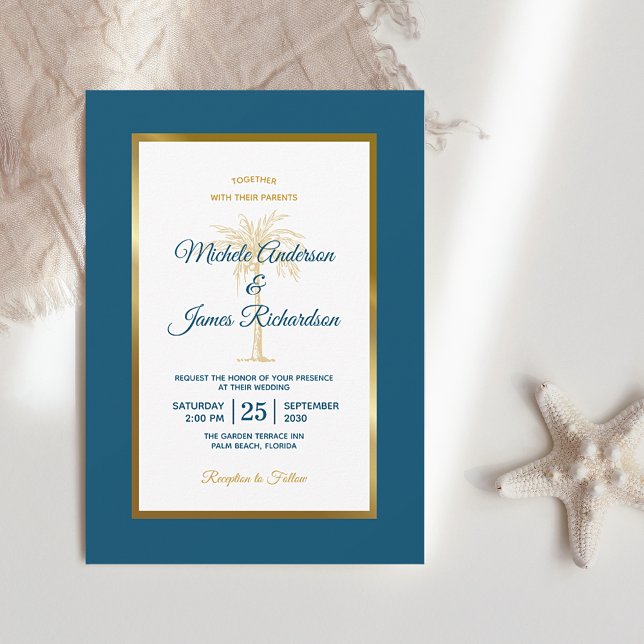 Modern Tropical Blue Gold Palm Tree Beach Wedding Invitation (Creator Uploaded)