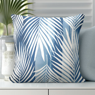 Modern Tropical Blue White Palm Leaves Cushion
