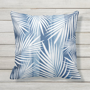Modern Tropical Blue White Palm Leaves Cushion