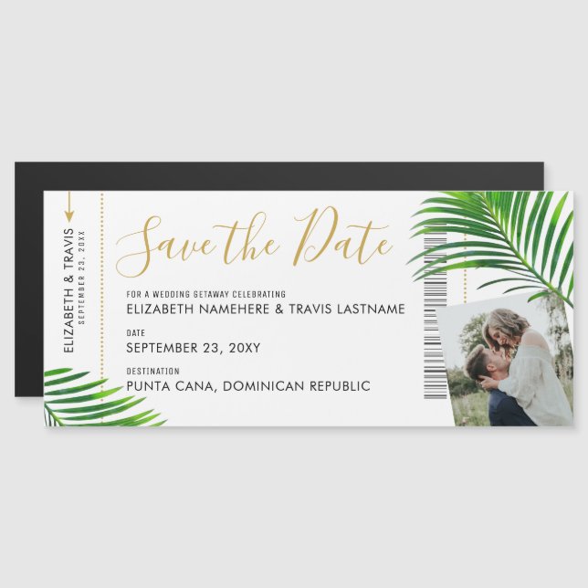 Modern Tropical Boarding Pass Ticket Save the Date Magnetic Invitation (Front/Back)