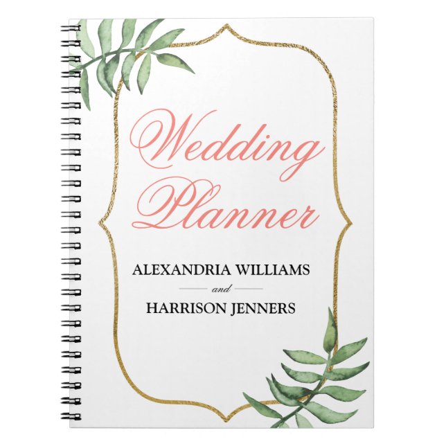 Modern Tropical Botanical Gold Wedding Planner Notebook (Front)