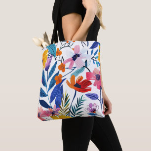 Modern Tropical Botanical Wildflower Pattern White Tote Bag
