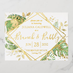 Modern Tropical Bridal Brunch & Bubbly Gold Foil Invitation Postcard