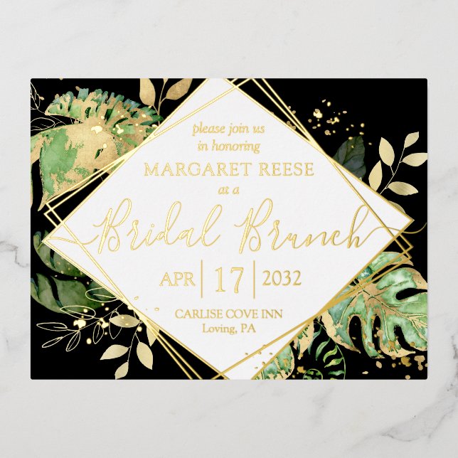 Modern Tropical Bridal Brunch Shower Black & Gold Foil Invitation Postcard (Front)