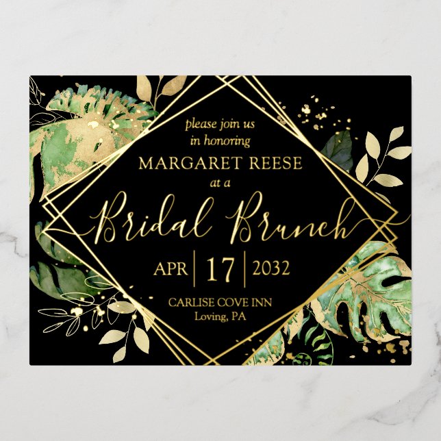 Modern Tropical Bridal Brunch Shower Black & Gold  Foil Invitation Postcard (Front)