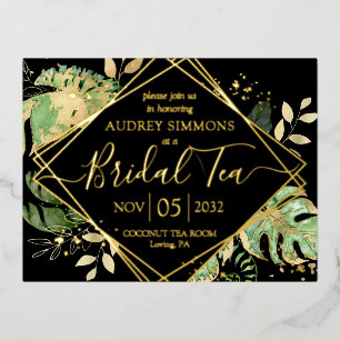 Modern Tropical Bridal Tea Shower Black & Gold Foil Invitation Postcard