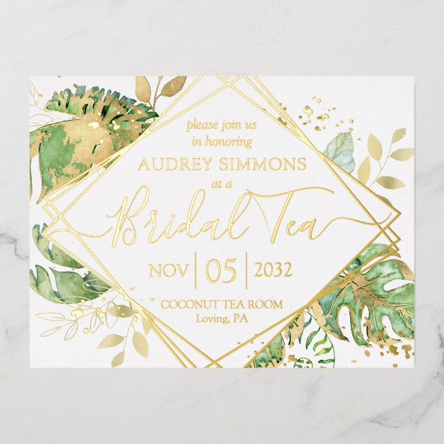 Modern Tropical Bridal Tea Shower Gold Foil Invitation Postcard (Front)