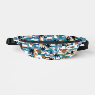 Modern Tropical Checked Pattern Blue Monogram Bum Bags