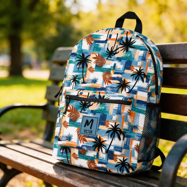 Modern Tropical Checked Pattern Blue Monogram Printed Backpack (Modern tropical palm mix checked pattern blue monogram printed backpack, back to school)