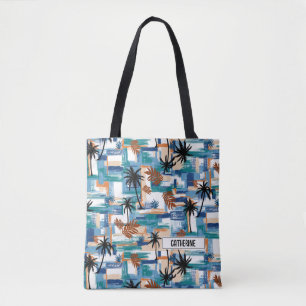 Modern Tropical Checked Pattern Blue Monogram Tote Bag