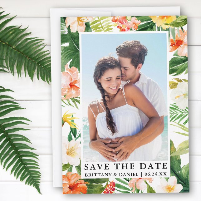 Modern Tropical Coral Floral Photo  Save The Date (Customize to change text size or text style.)
