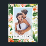 Modern Tropical Coral Floral Photo Save The Date Postcard<br><div class="desc">Modern Tropical Coral Floral,  Greenery and Palm Leaves Save The Date Photo Engagement Announcement Postcard</div>