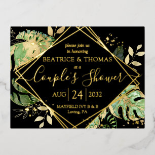 Modern Tropical Couple's Shower Gold Foil Invitation Postcard