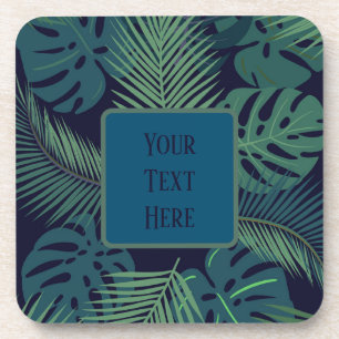 modern tropical dark palm leaf, fig leaves jungle coaster