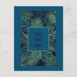 modern tropical dark palm leaf, fig leaves jungle postcard