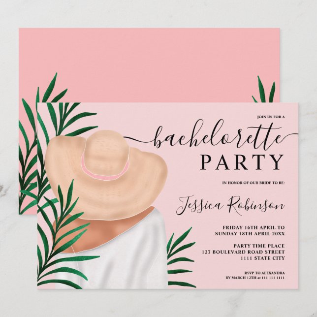 Modern tropical fashion illustration bachelorette invitation (Front/Back)