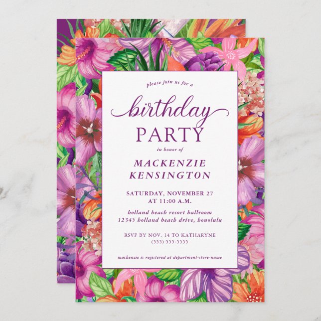 Modern Tropical Floral Birthday Party Invitation (Front/Back)