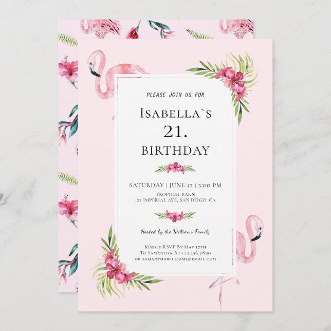 Modern Tropical Floral Flamingo Birthday Party Invitation (Front/Back)