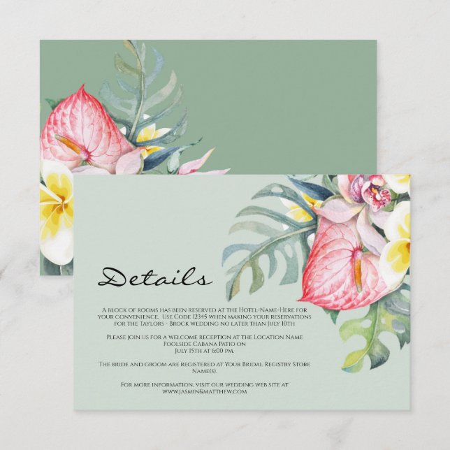 Modern Tropical Floral Hawaii Wedding Enclosure Card (Front/Back)